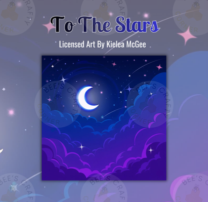 The image is a digital illustration of a night sky with a crescent moon, stars, and clouds.