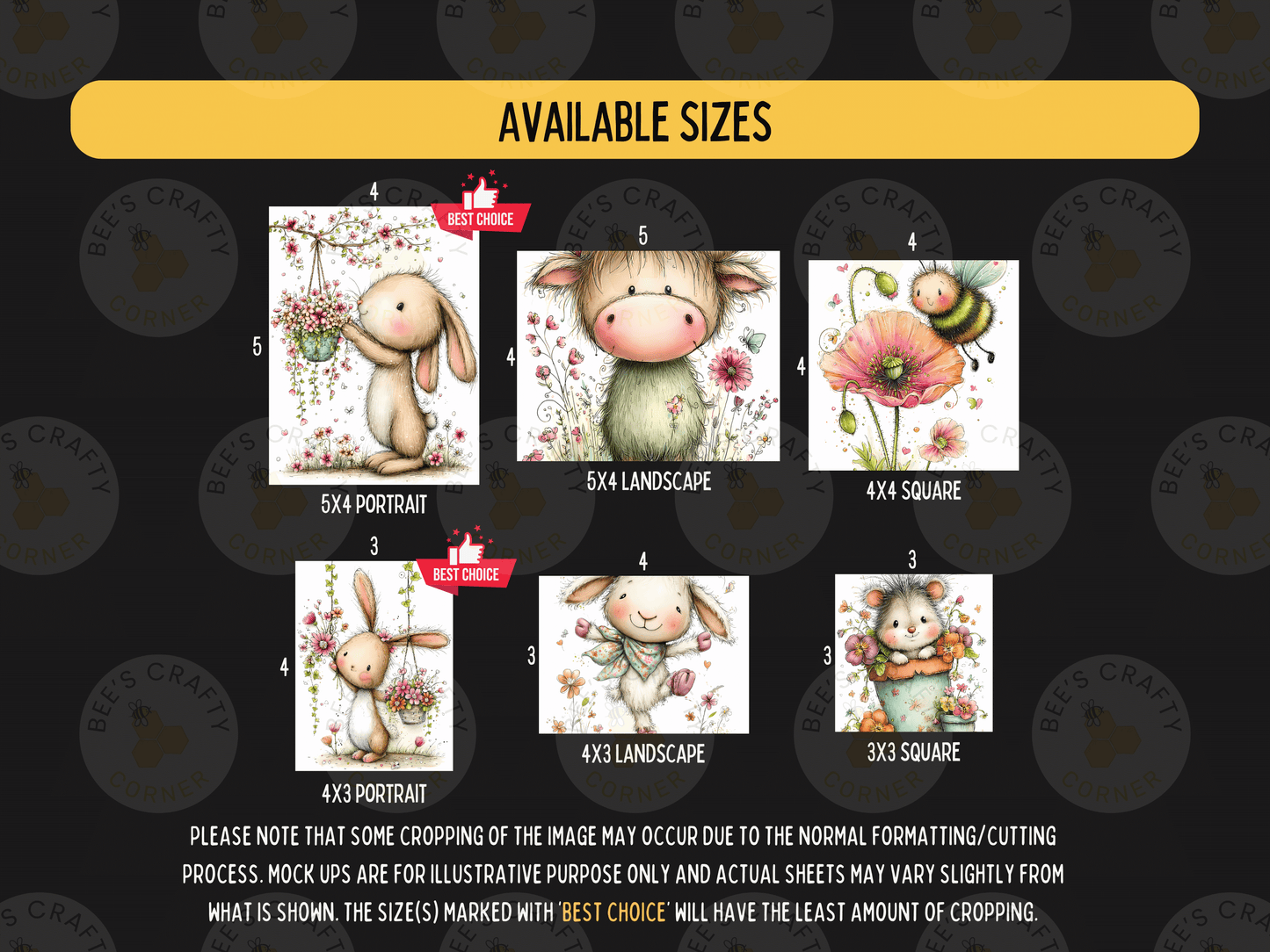 The image is a collection of six different illustrations of rabbits, flowers, and bees, each with a different size and style. The illustrations are arranged in a grid format, with three rows and four columns. The sizes of the illustrations vary, ranging from 5x4 to 5x6, and the styles include portrait, landscape, and square. The image also includes text that provides information about the available sizes and the best choice for each illustration.