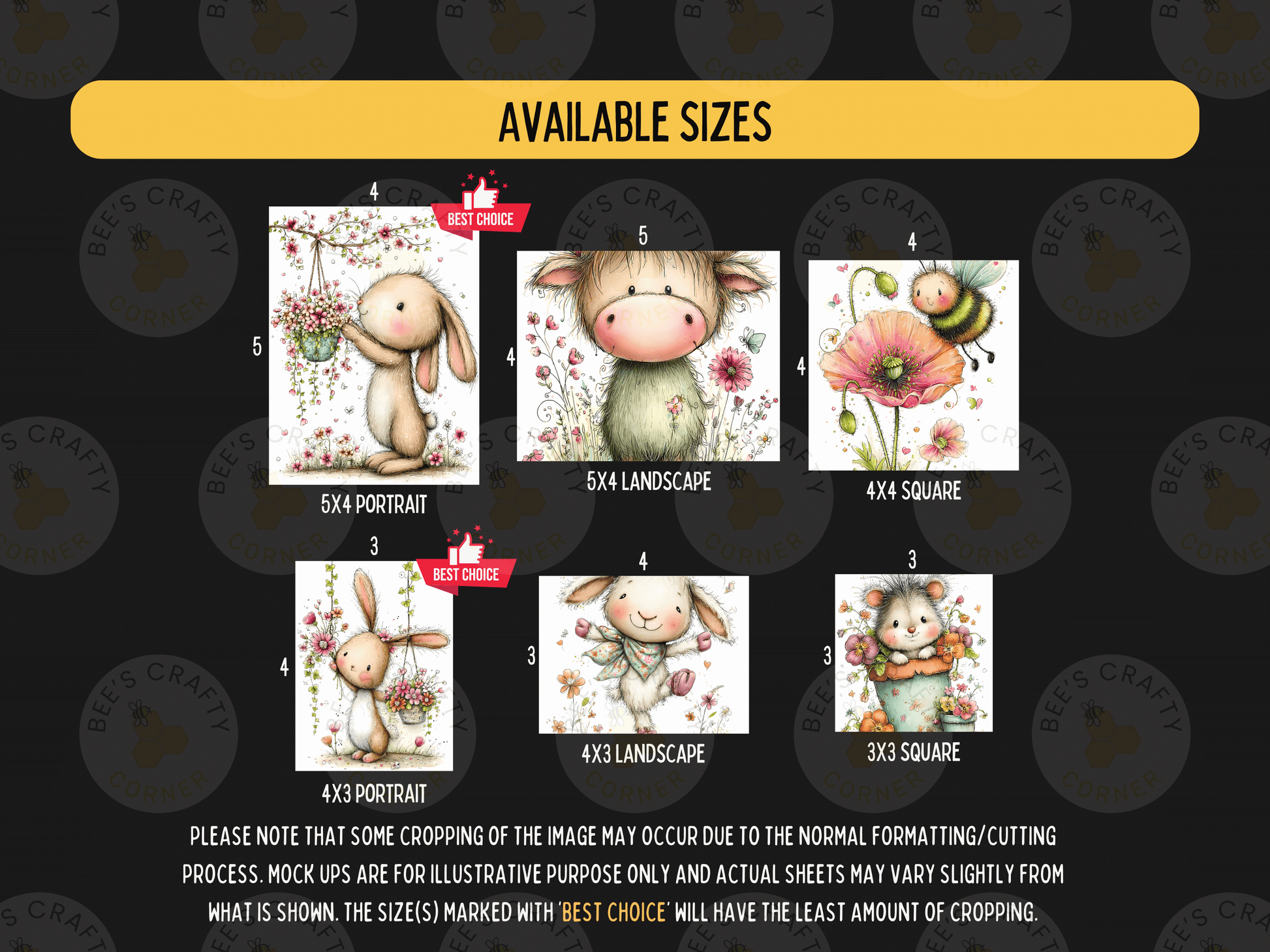 The image is a collection of six different illustrations of rabbits, flowers, and bees, each with a different size and style. The illustrations are arranged in a grid format, with three rows and four columns. The sizes of the illustrations vary, ranging from 5x4 to 5x6, and the styles include portrait, landscape, and square. The image also includes text that provides information about the available sizes and the best choice for each illustration.