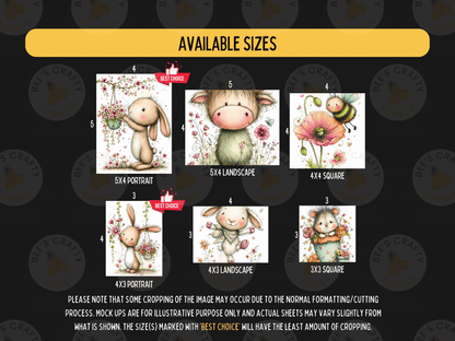 The image is a collection of six different illustrations of rabbits, flowers, and bees, each with a different size and style. The illustrations are arranged in a grid format, with three rows and four columns. The sizes of the illustrations vary, ranging from 5x4 to 5x6, and the styles include portrait, landscape, and square. The image also includes text that provides information about the available sizes and the best choice for each illustration.