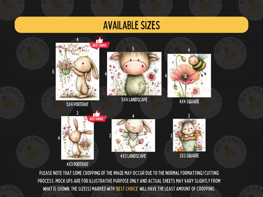 The image is a collection of six different illustrations of rabbits, flowers, and bees, each with a different size and style. The illustrations are arranged in a grid format, with three rows and four columns. The sizes of the illustrations vary, ranging from 5x4 to 5x6, and the styles include portrait, landscape, and square. The image also includes text that provides information about the available sizes and the best choice for each illustration.