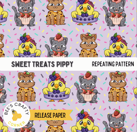 The image is a repeating pattern of various cartoon animal characters, including cats, birds, and other animals, all holding desserts such as cakes and pastries. The pattern is vibrant and colorful, with a variety of shapes and sizes of the animals and desserts.