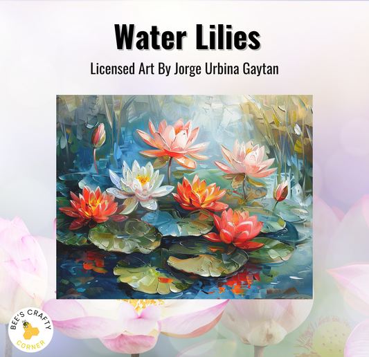 a painting of water lilies in a pond