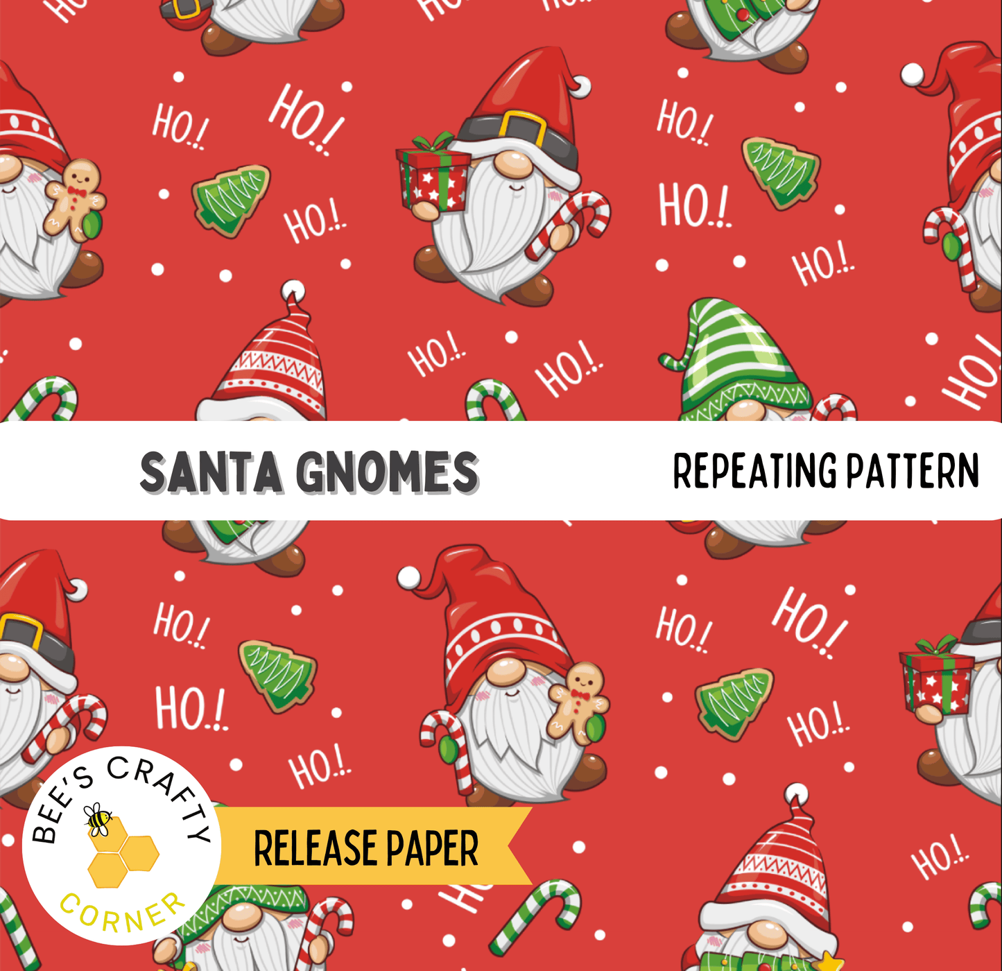 The image is a repeating pattern of Santa gnomes against a red background, with various Christmas-themed elements such as presents, candy canes, and snowflakes scattered throughout.