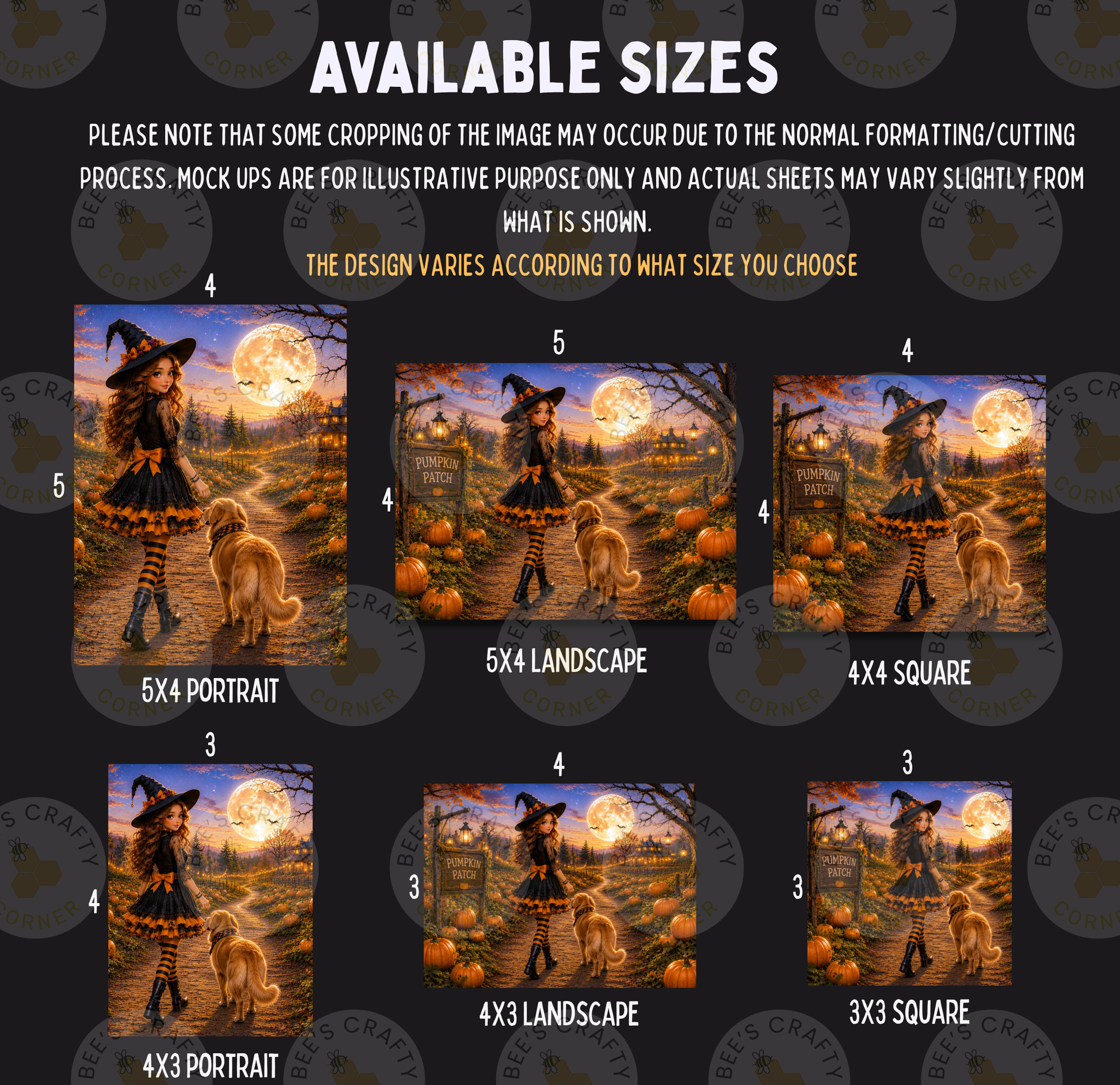 The image is a collage of six images depicting a witch and her dog in various sizes and orientations, with a Halloween theme.