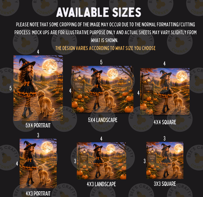 The image is a collage of six images depicting a witch and her dog in various sizes and orientations, with a Halloween theme.