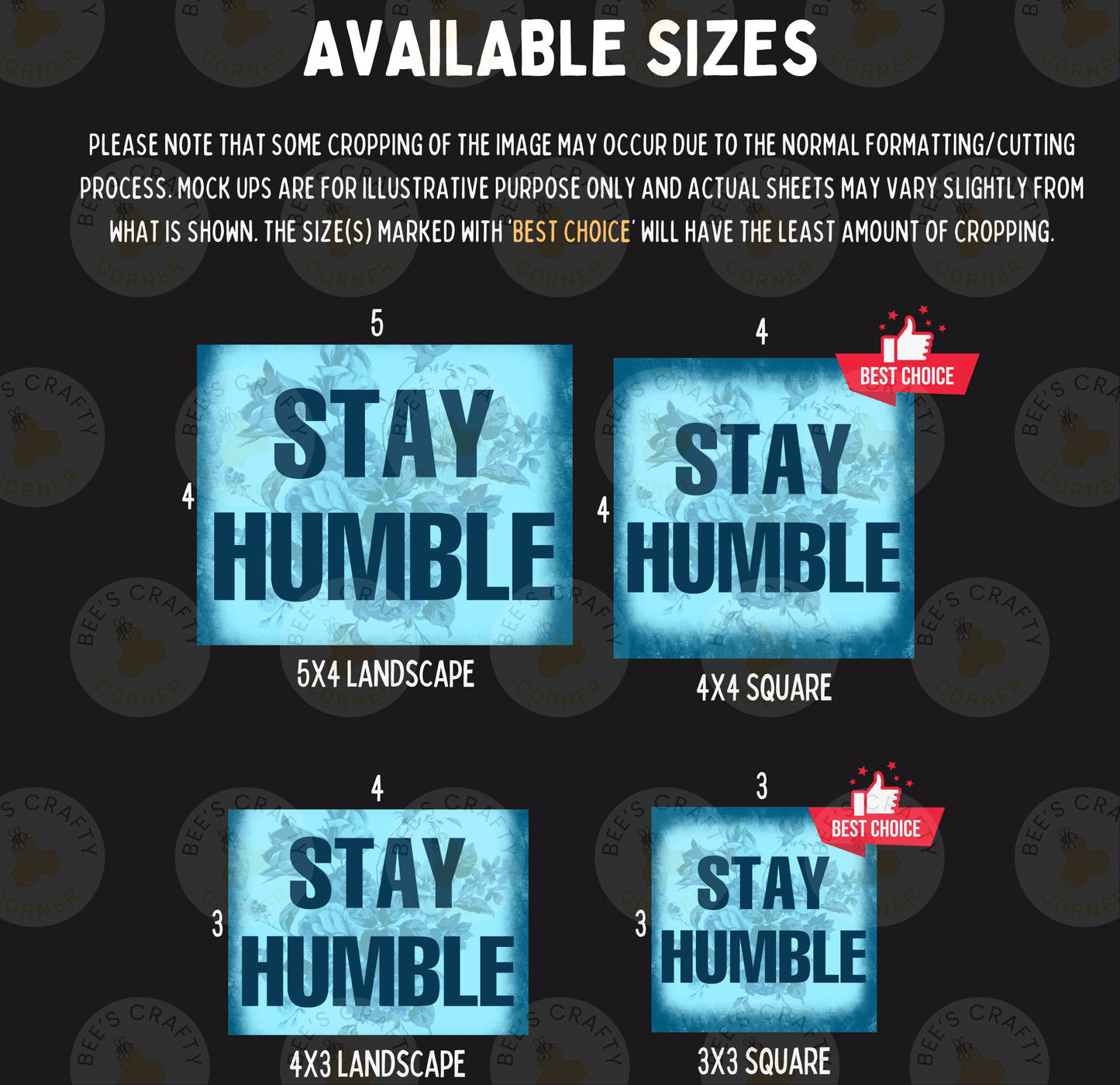 four different sizes of blue and white text that reads "STAY HUMBLE" in a bold, capitalized font. The sizes are labeled from 5 to 3, indicating the image is available in different dimensions.
