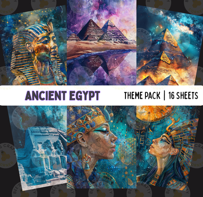 The image is a theme pack containing 16 sheets of artwork inspired by Ancient Egypt. The artwork includes various elements such as pharaohs, pyramids, hieroglyphics, and other Egyptian symbols, all set against a cosmic background with stars and nebulae.