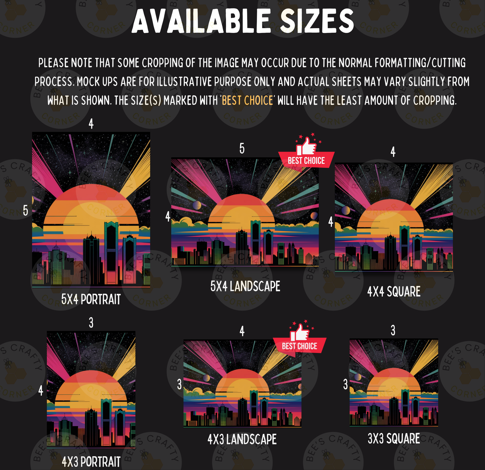 six different sizes of cityscape illustrations, including a 5x4 portrait, a 5x4 landscape, a 4x3 square, a 4x3 portrait, a 3x3 square, and a 3x3 landscape. The sizes vary from small to large, and the illustrations depict cityscapes with a sunset or sunrise in the background.