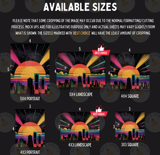 six different sizes of cityscape illustrations, including a 5x4 portrait, a 5x4 landscape, a 4x3 square, a 4x3 portrait, a 3x3 square, and a 3x3 landscape. The sizes vary from small to large, and the illustrations depict cityscapes with a sunset or sunrise in the background.