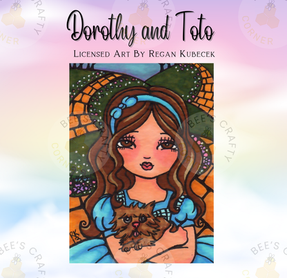 The image is a colorful illustration of a young girl with long brown hair, wearing a blue dress, and holding a small dog. The background features a whimsical, fantastical landscape with various elements such as trees, flowers, and a rainbow. The girl and the dog are the main focus of the image, and the overall composition is vibrant and engaging.