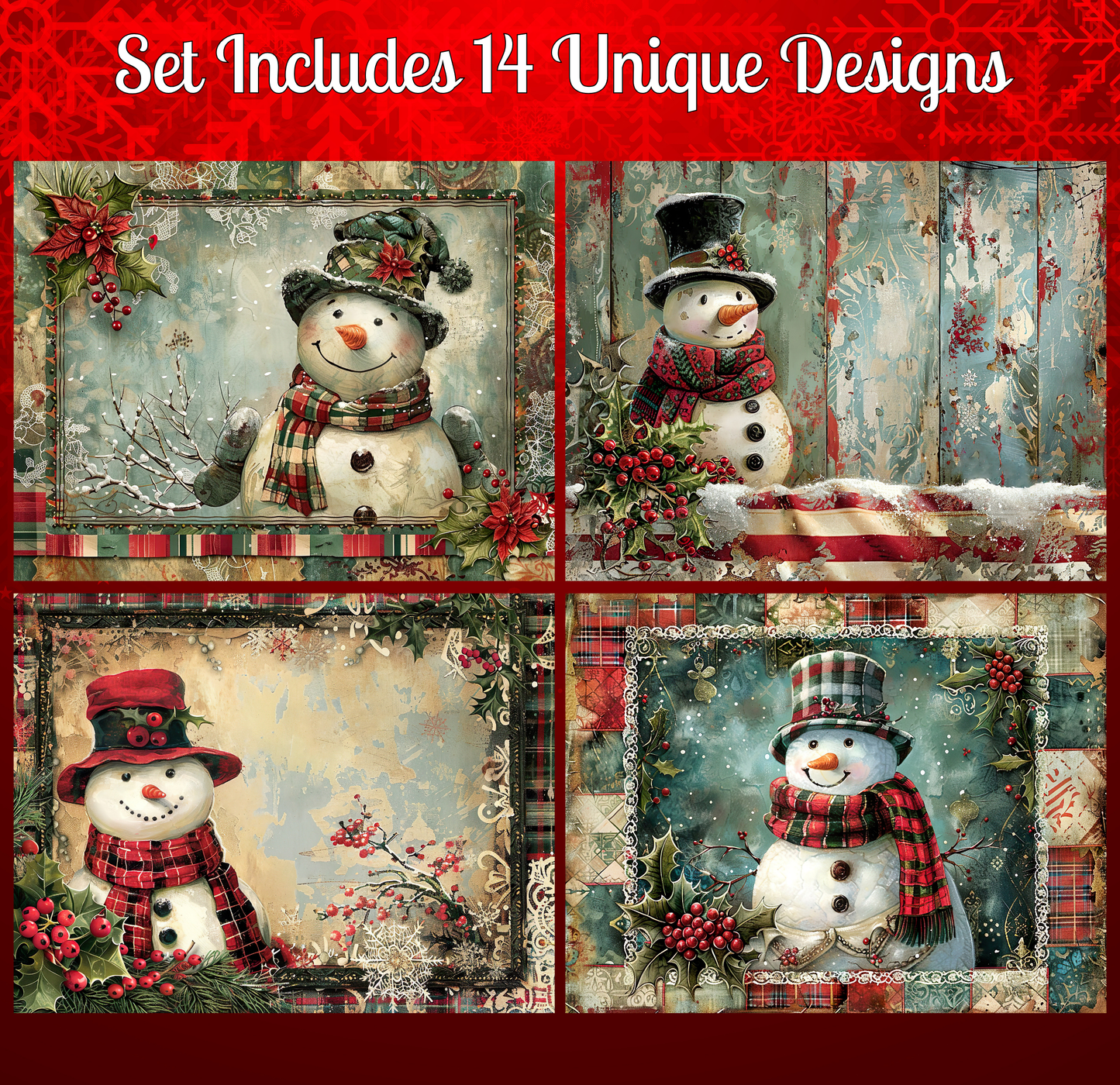a set of four pictures featuring snowmen, each with unique designs and decorations.