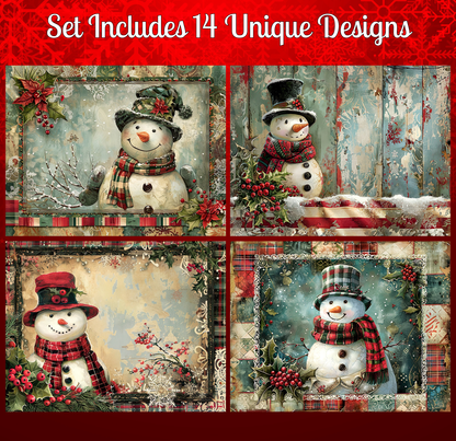 a set of four pictures featuring snowmen, each with unique designs and decorations.