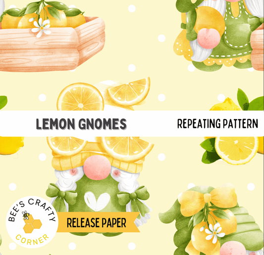 The image is a repeating pattern of lemon gnomes and lemon slices, with the text "Lemon gnomes repeating pattern" and "RELEASE PAPER" indicating that it is a release paper for a pattern featuring lemon gnomes and lemon slices.