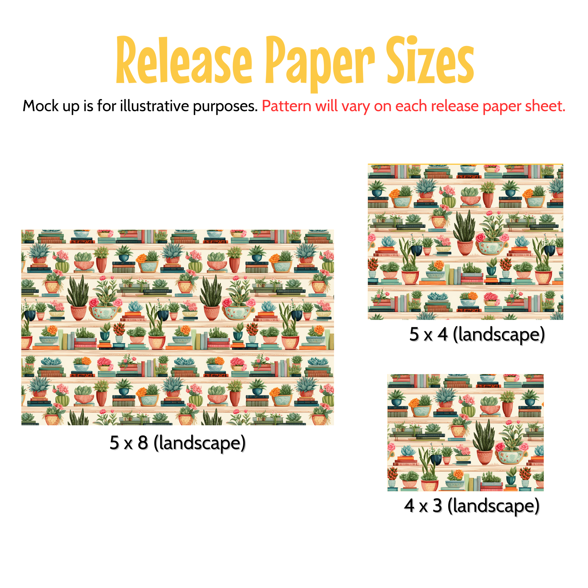 three different paper sizes, each featuring a repeating pattern of potted plants on a shelf. The text above the images indicates that the mock-up is for illustrative purposes and that the pattern will vary on each release paper sheet.