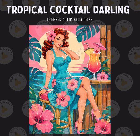 The image is a vibrant illustration of a woman in a tropical cocktail dress, surrounded by tropical flowers and a tropical drink, with a palm tree in the background.