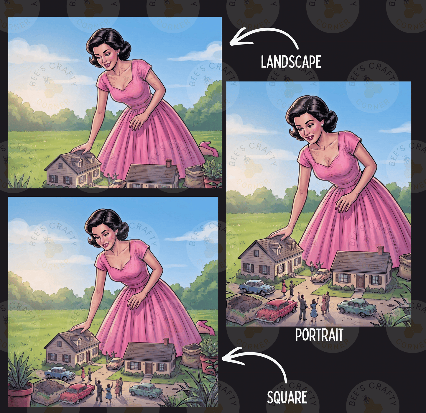 The image is a collage of two images depicting a woman in a pink dress interacting with a miniature house and cars. The first image shows the woman reaching out to touch the house, while the second image shows her touching the car. The collage is labeled "LANCASSE" and "PORTRAIT" to indicate the different artistic styles used in the images.