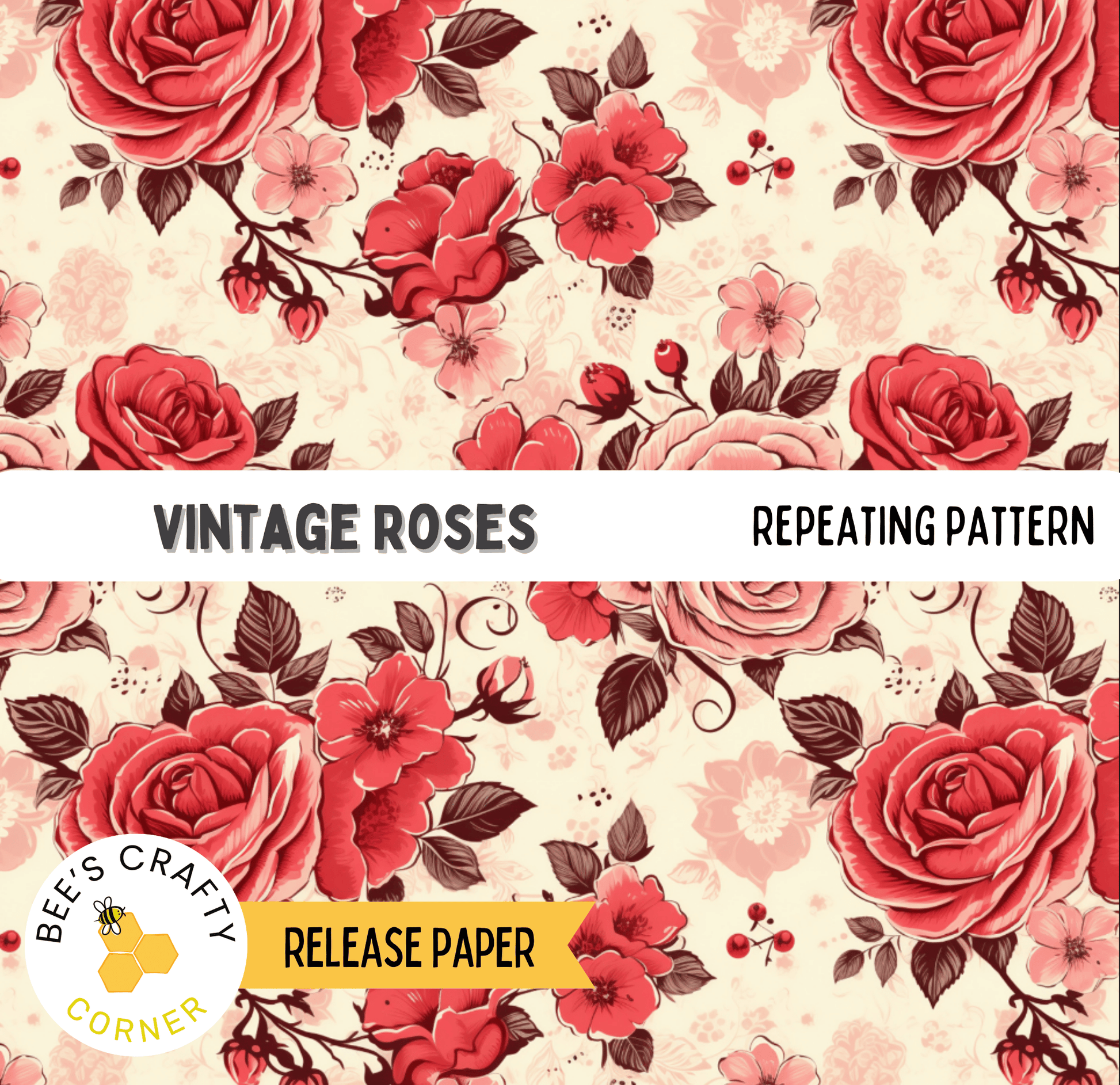 The image is a repeating pattern of red roses against a light pink background.