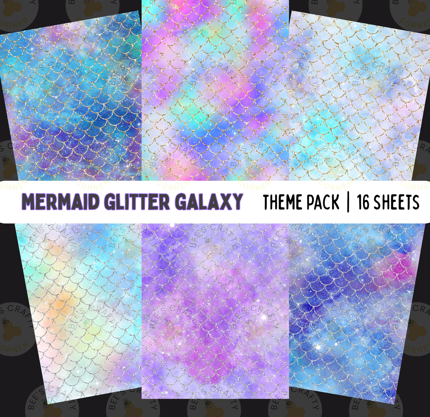 six different backgrounds with a glittery, mermaid-inspired design. The background patterns include a mix of purple, blue, and pink colors, as well as glittery textures that resemble scales or fish scales. The background designs are arranged in a theme pack, which includes 16 sheets of the same background design.