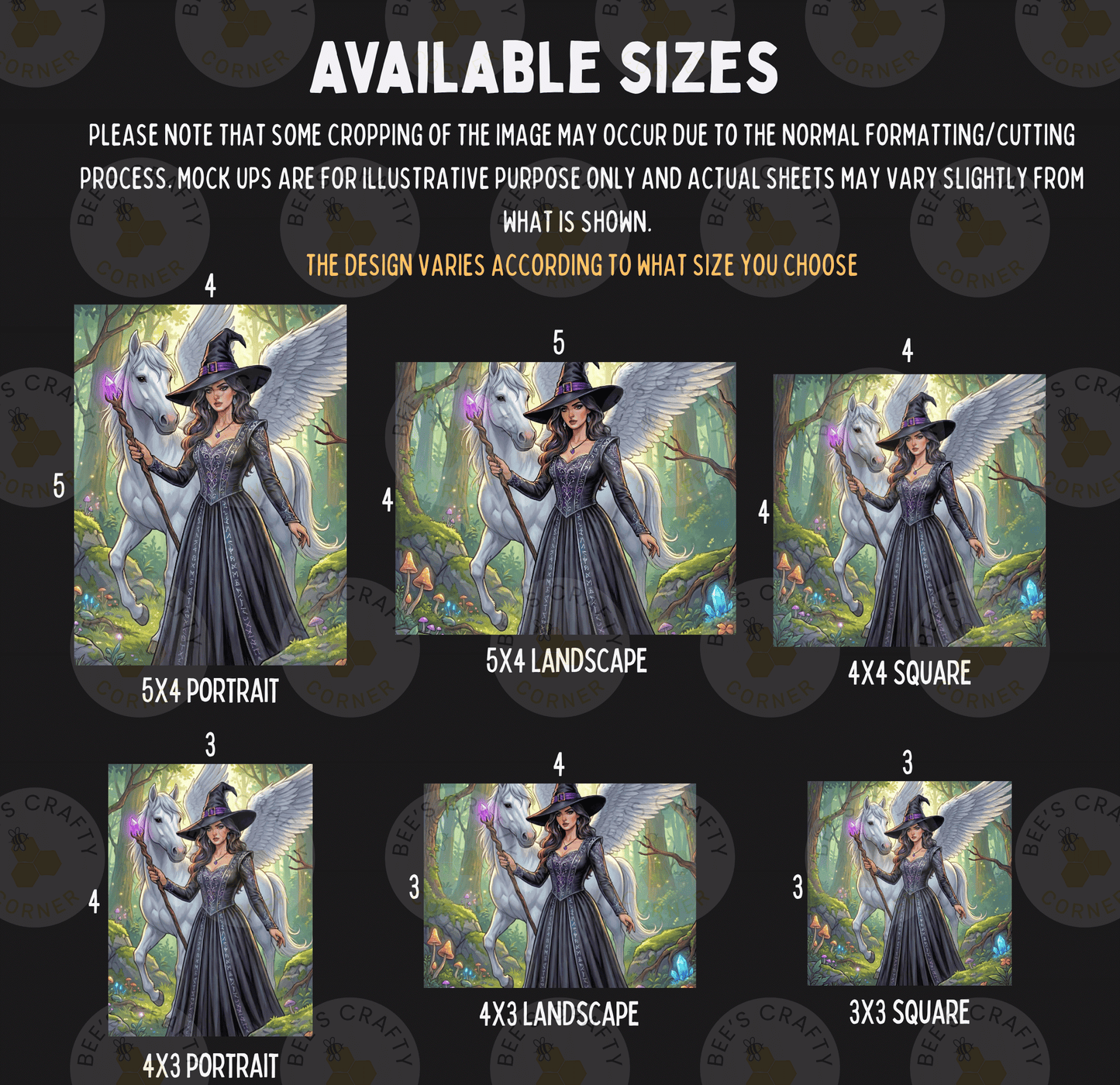 six different sizes of illustrations of a woman with wings, dressed as a witch, and a unicorn, arranged in a grid format.