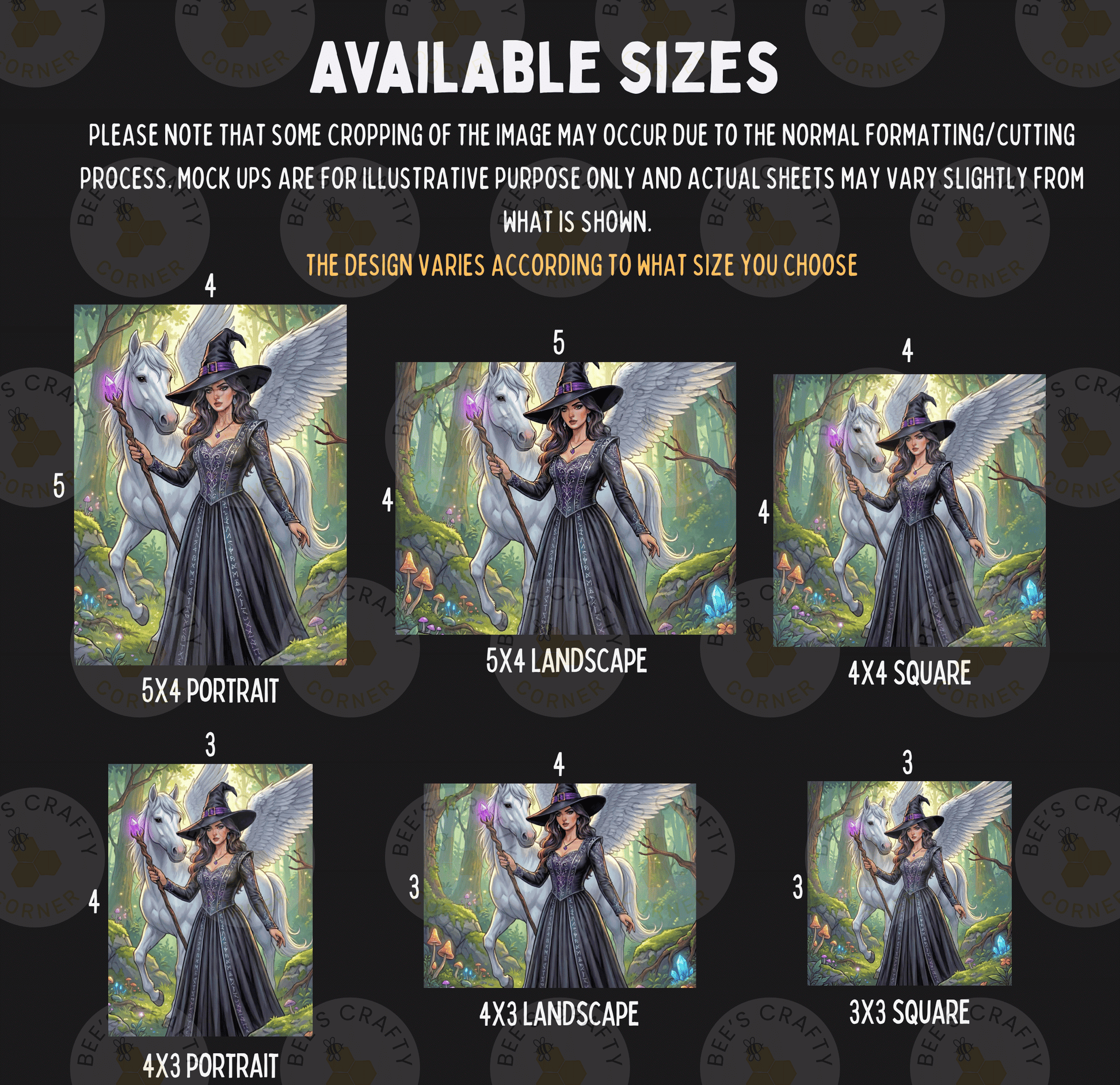 six different sizes of illustrations of a woman with wings, dressed as a witch, and a unicorn, arranged in a grid format.