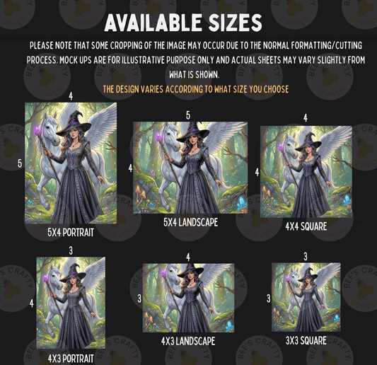 six different sizes of illustrations of a woman with wings, dressed as a witch, and a unicorn, arranged in a grid format.