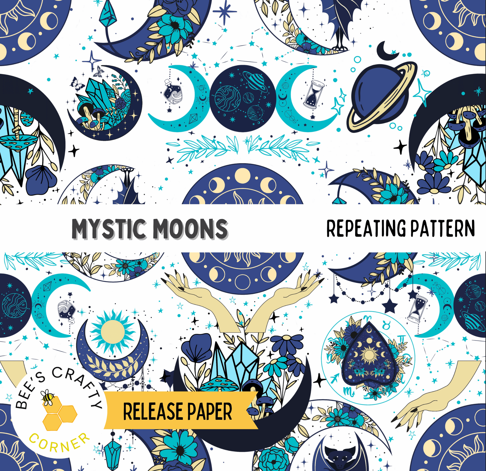 The image is a repeating pattern featuring various mystical and celestial elements, including crescents, moons, stars, and flowers, all rendered in shades of blue, green, and gold.
