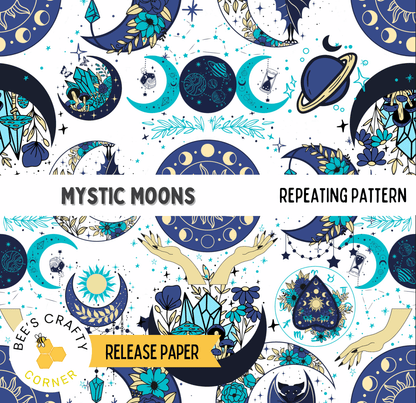The image is a repeating pattern featuring various mystical and celestial elements, including crescents, moons, stars, and flowers, all rendered in shades of blue, green, and gold.
