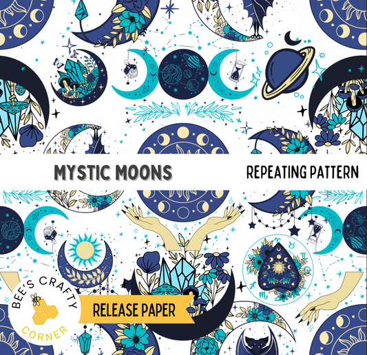 The image is a repeating pattern featuring various mystical and celestial elements, including crescents, moons, stars, and flowers, all rendered in shades of blue, green, and gold.