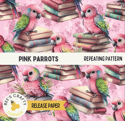 The image is a repeating pattern of pink parrots perched on stacks of books, creating a vibrant and playful visual effect.