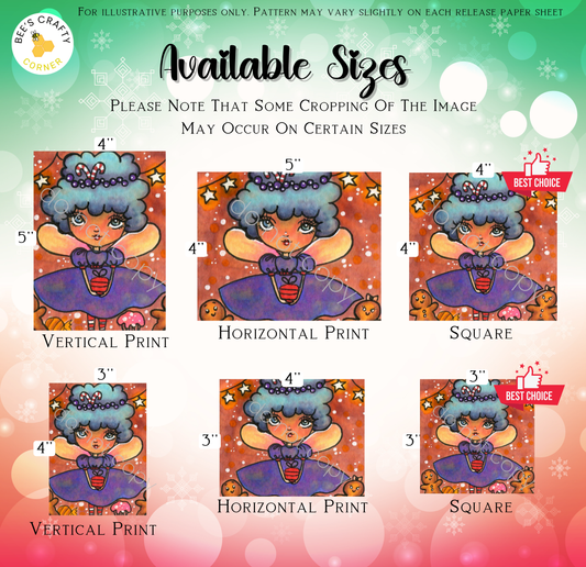 The image is a collage of six different sizes of illustrations featuring a character with blue hair and a purple dress. The illustrations are arranged in a grid format, with three images in each row and two images in each column. The sizes of the illustrations vary, ranging from 4" to 3" in height. The collage is intended for illustrative purposes, and the image may vary slightly on certain release sheets.