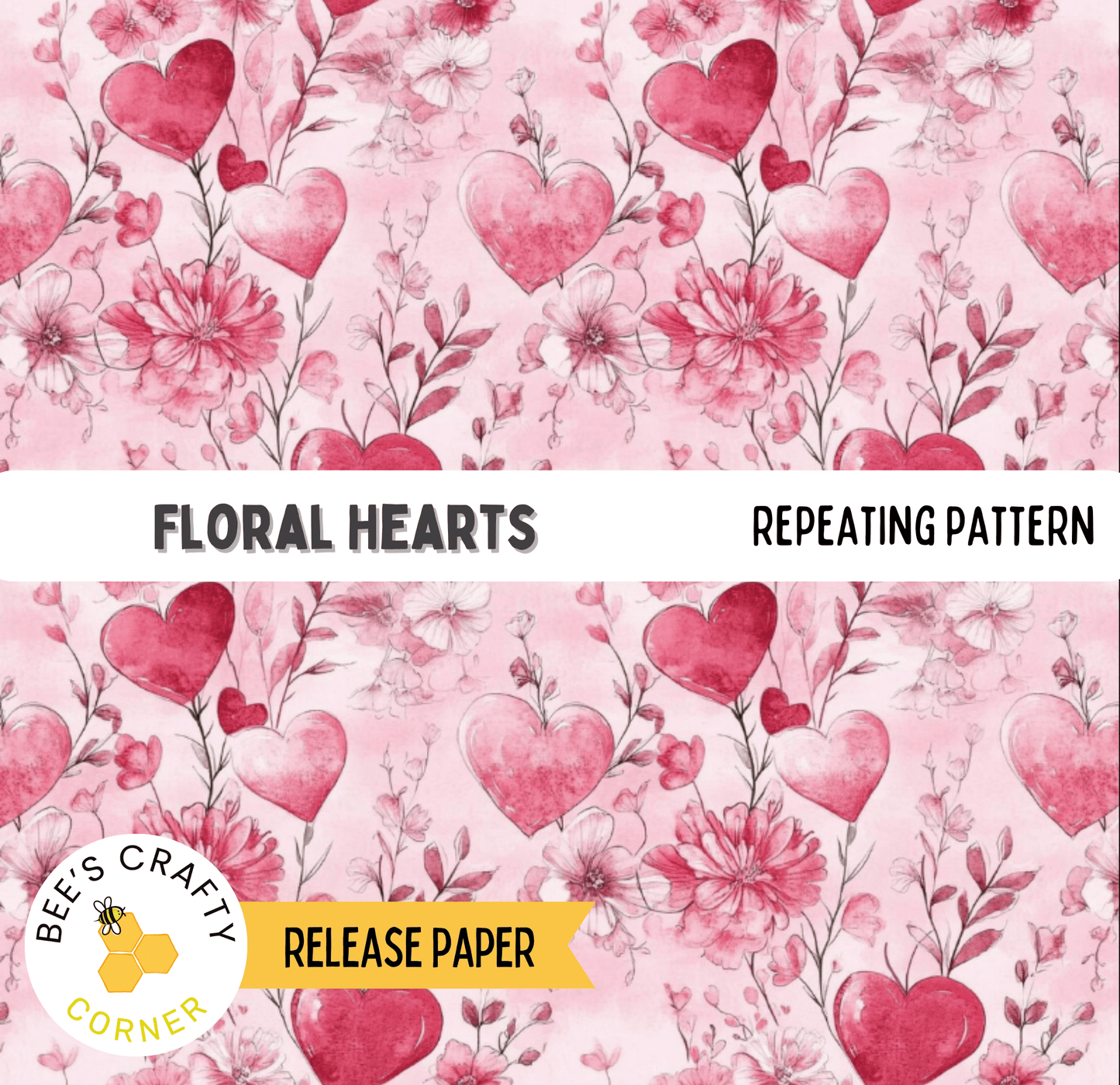 The image is a repeating pattern of pink hearts and flowers on a pink background.