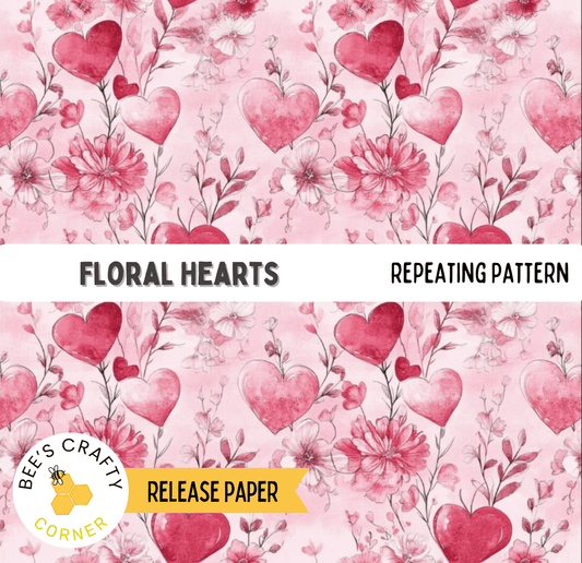 The image is a repeating pattern of pink hearts and flowers on a pink background.