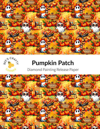 The image is a repeating pattern of Halloween-themed pumpkins and ghost characters, creating a festive and spooky atmosphere.
