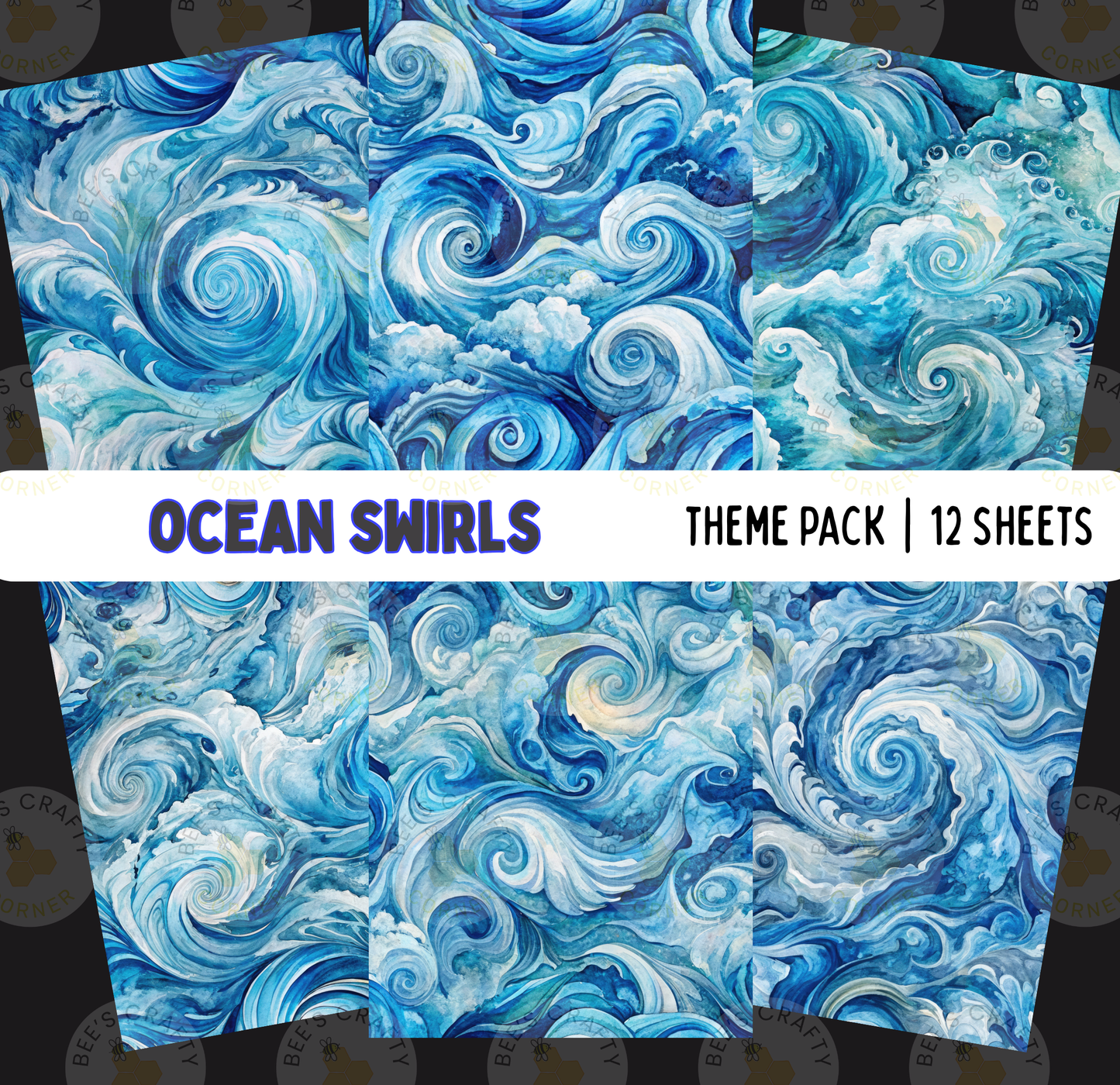 The image is a collage of various ocean-themed images, including swirling patterns and waves, all rendered in a vibrant blue color.