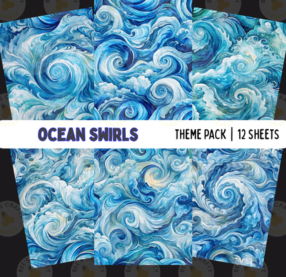 The image is a collage of various ocean-themed images, including swirling patterns and waves, all rendered in a vibrant blue color.