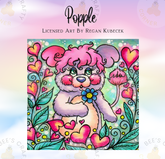 The image is a vibrant and whimsical illustration featuring a pink-furred, cartoon-like creature surrounded by a lush, colorful garden filled with hearts, flowers, and leaves.