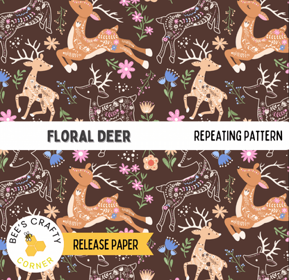 The image is a repeating pattern of floral deer on a brown background, featuring various deer and flowers in different colors and styles.