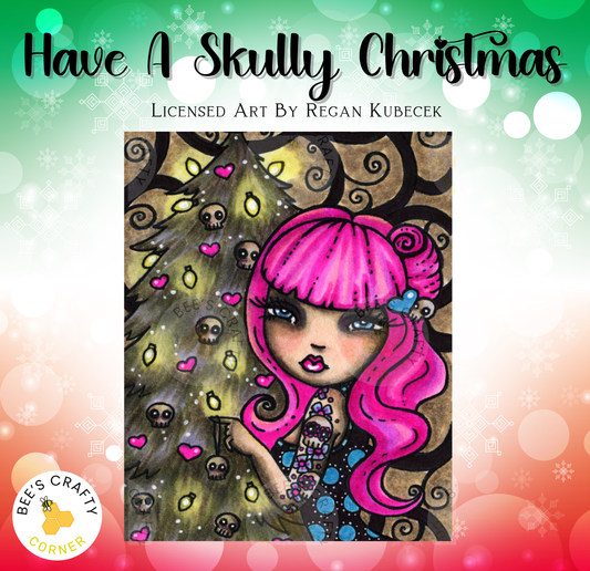 The image is a colorful illustration featuring a woman with pink hair and a skull-themed background, surrounded by Christmas lights and decorations.