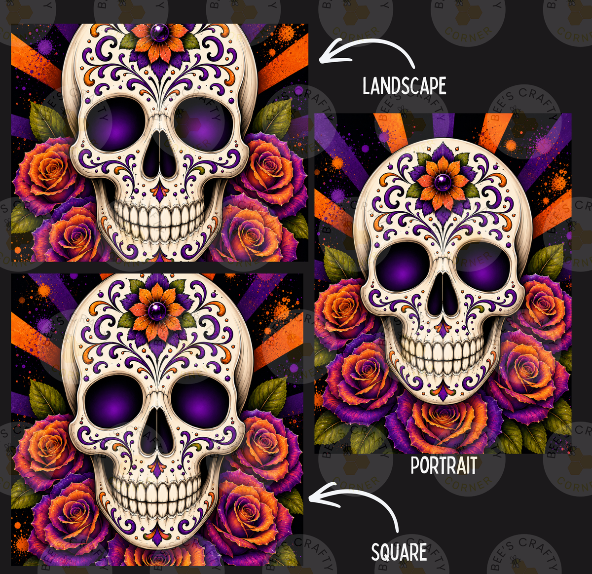 The image is a collage of two images featuring a white skull adorned with intricate floral designs and surrounded by vibrant purple and orange roses. The skull is positioned in the center of the collage, with the floral designs surrounding it. The collage is labeled as a "Landscape" and a "Portrait" to differentiate between the two images.