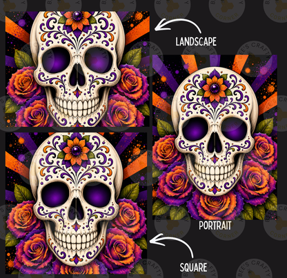 The image is a collage of two images featuring a white skull adorned with intricate floral designs and surrounded by vibrant purple and orange roses. The skull is positioned in the center of the collage, with the floral designs surrounding it. The collage is labeled as a "Landscape" and a "Portrait" to differentiate between the two images.