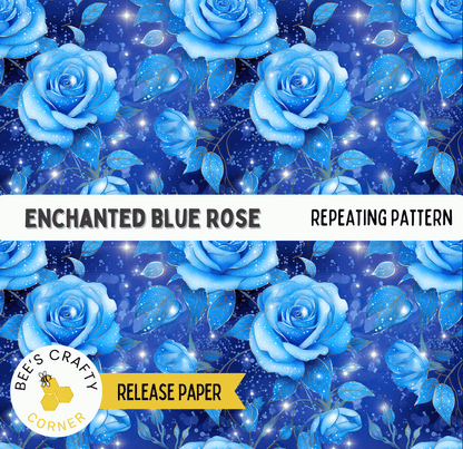 The image is a repeating pattern of blue roses against a dark blue background with white stars.