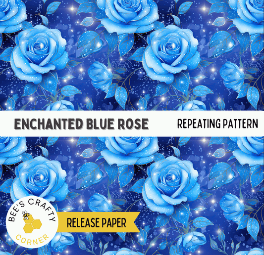 The image is a repeating pattern of blue roses against a dark blue background with white stars.