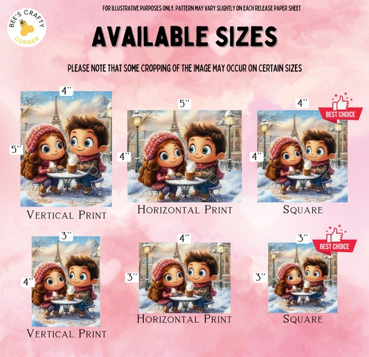 The image is a collection of six different sizes of illustrations depicting a couple sitting at a table, with various descriptions provided for each size.