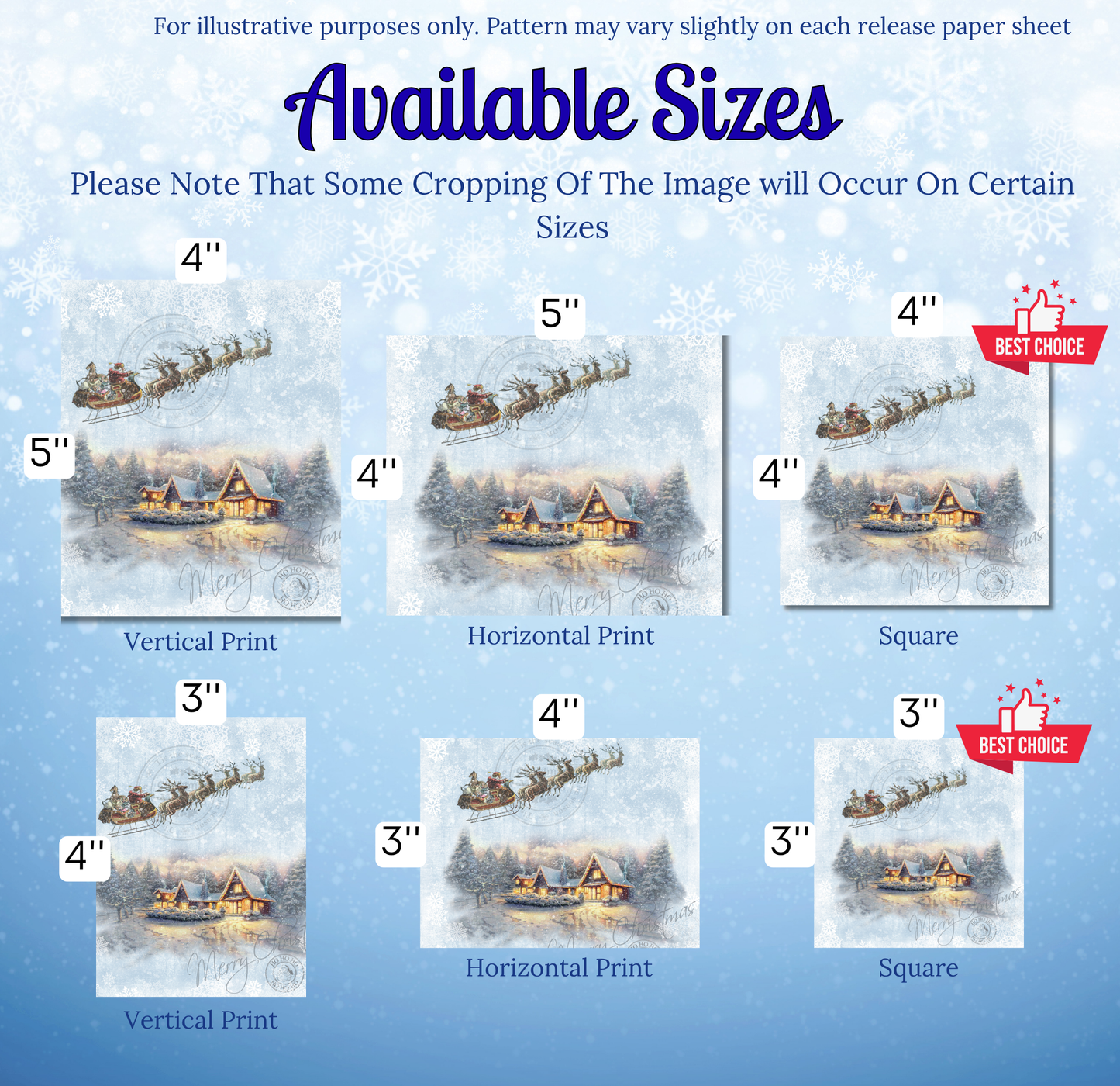 The image is a collage of six different sizes of Christmas-themed prints, including a vertical print, a horizontal print, a square print, and a 3-inch print. The sizes vary from 4" to 5" in width, and the images depict a snowy winter scene with a sleigh in the sky and a house in the background.