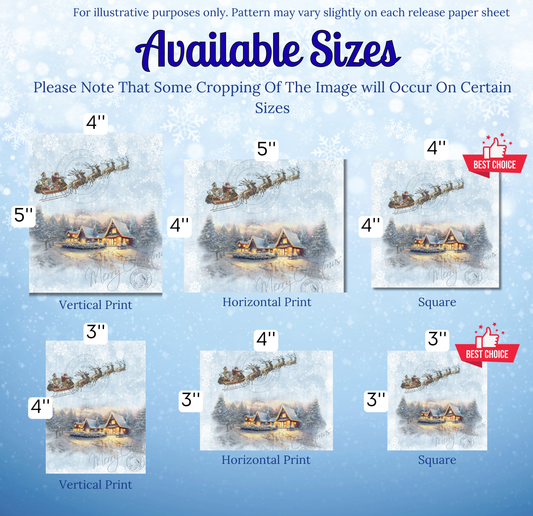 The image is a collage of six different sizes of Christmas-themed prints, including a vertical print, a horizontal print, a square print, and a 3-inch print. The sizes vary from 4" to 5" in width, and the images depict a snowy winter scene with a sleigh in the sky and a house in the background.