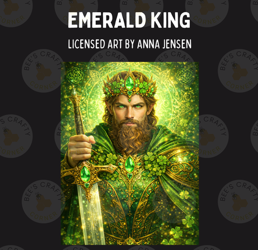 The image is a digital illustration of a man wearing a green and gold outfit, holding a sword, and surrounded by a green and gold background with a crown and shamrock.