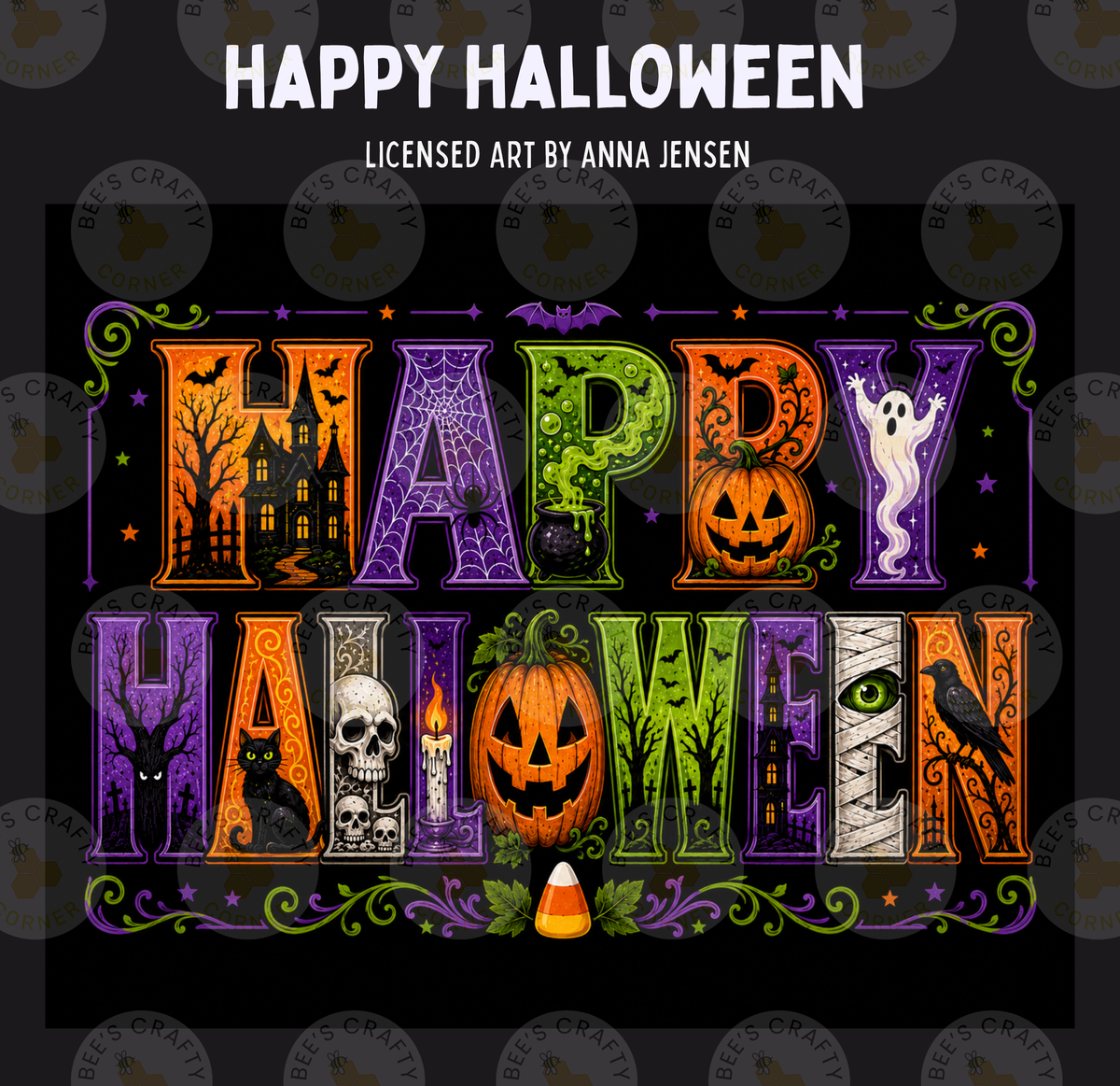 The image is a Halloween-themed graphic with the text "HAPPY HALLOWEEN" prominently displayed. The design incorporates various Halloween-related elements such as bats, a ghost, a pumpkin, and a spider web. The overall color scheme is vibrant and festive, creating a cheerful and spooky atmosphere.