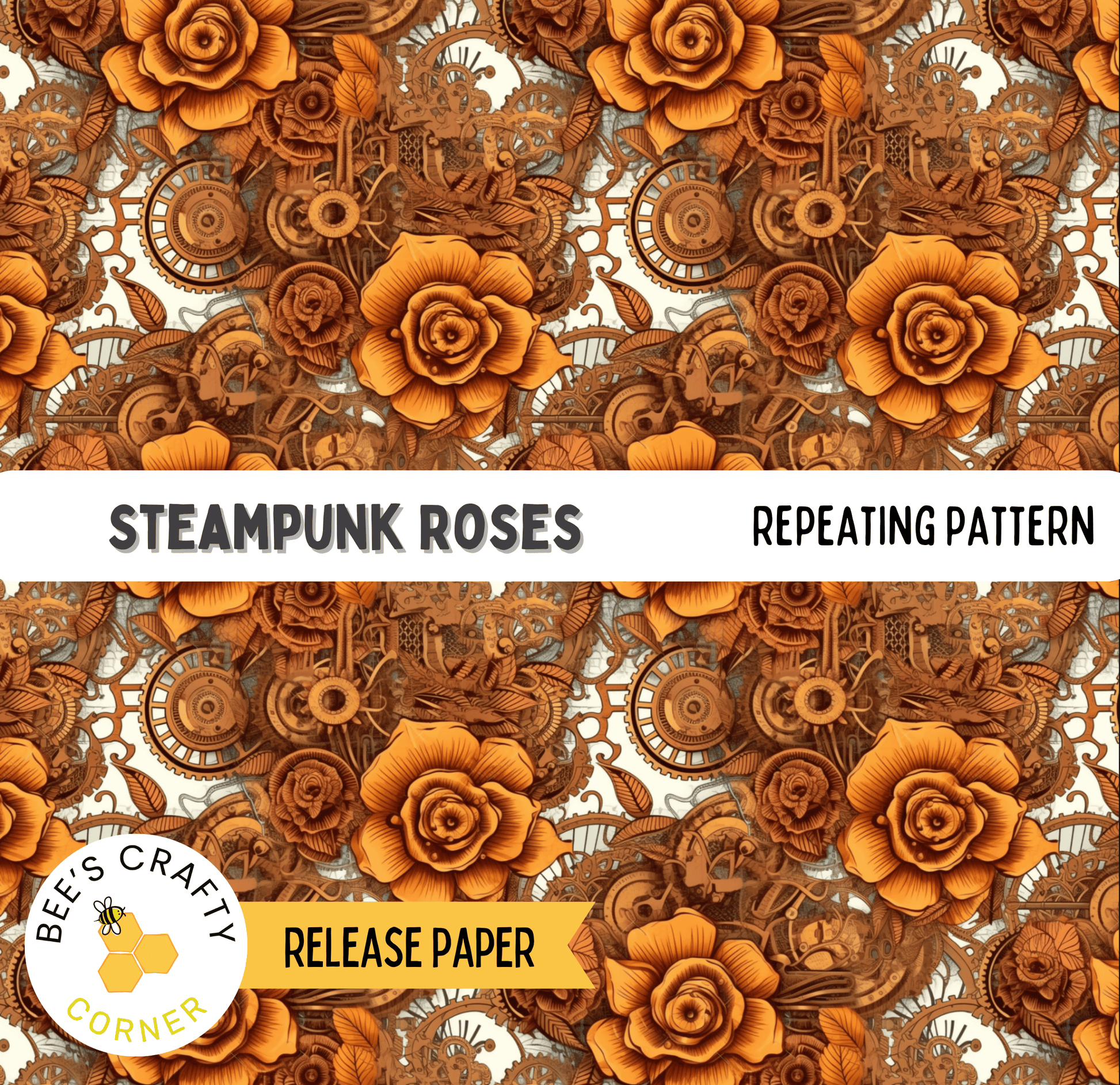The image is a repeating pattern of steampunk-inspired roses and gears, creating a visually striking and intricate design.