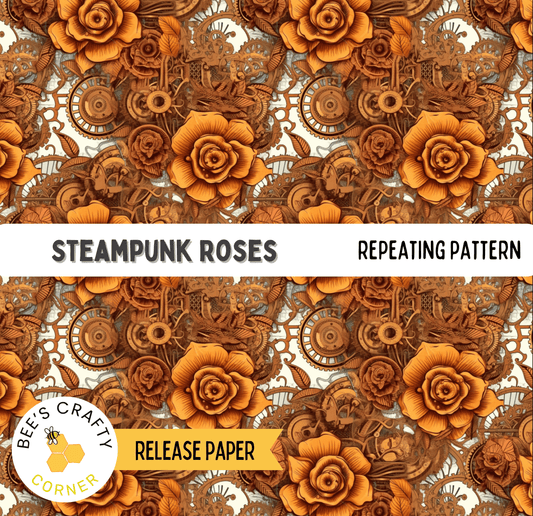 The image is a repeating pattern of steampunk-inspired roses and gears, creating a visually striking and intricate design.